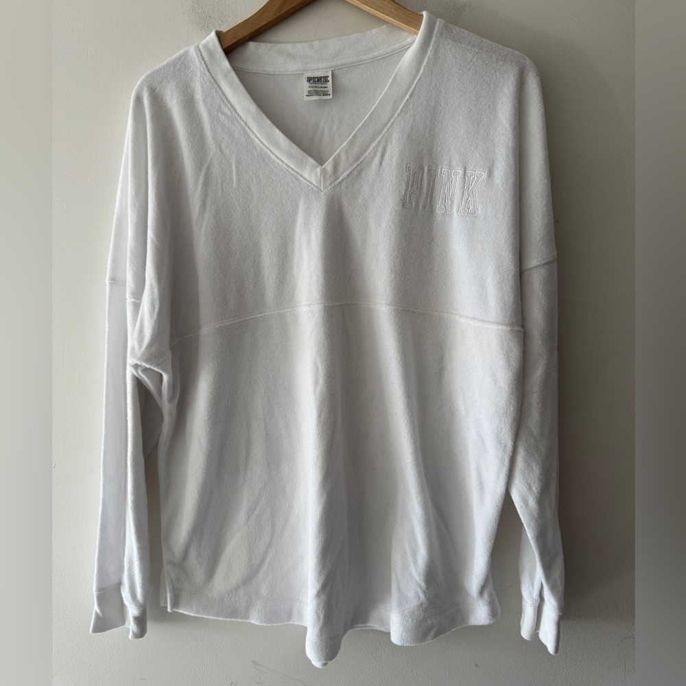 PINK by Victoria’s Secret White Terry Cloth Long Sleeve V Neck Top Y2K Vibes